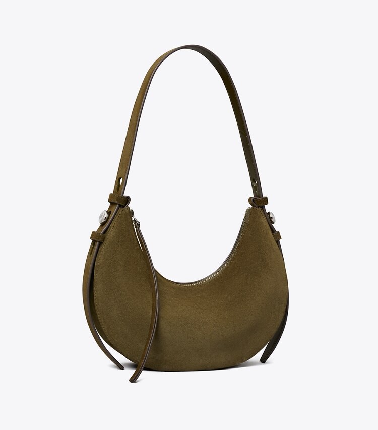 Tory Burch diseñador bolsos de hombro Bolso en media luna de gamuza Romy en Dark Olive ángulo