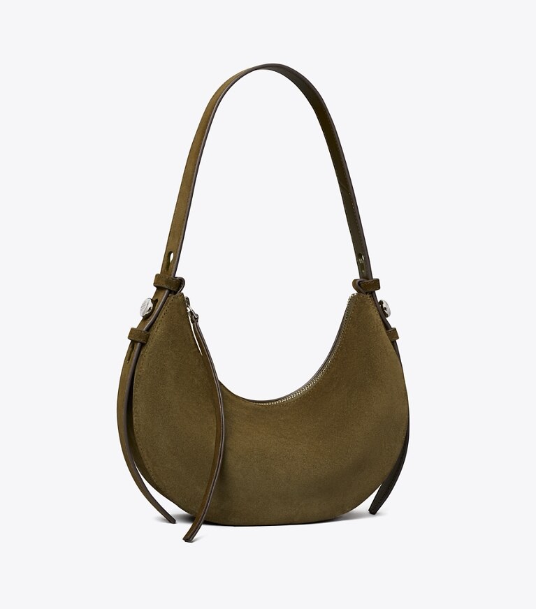 Tory Burch diseñador bolsos de hombro Bolso en media luna de gamuza Romy en Dark Olive ángulo
