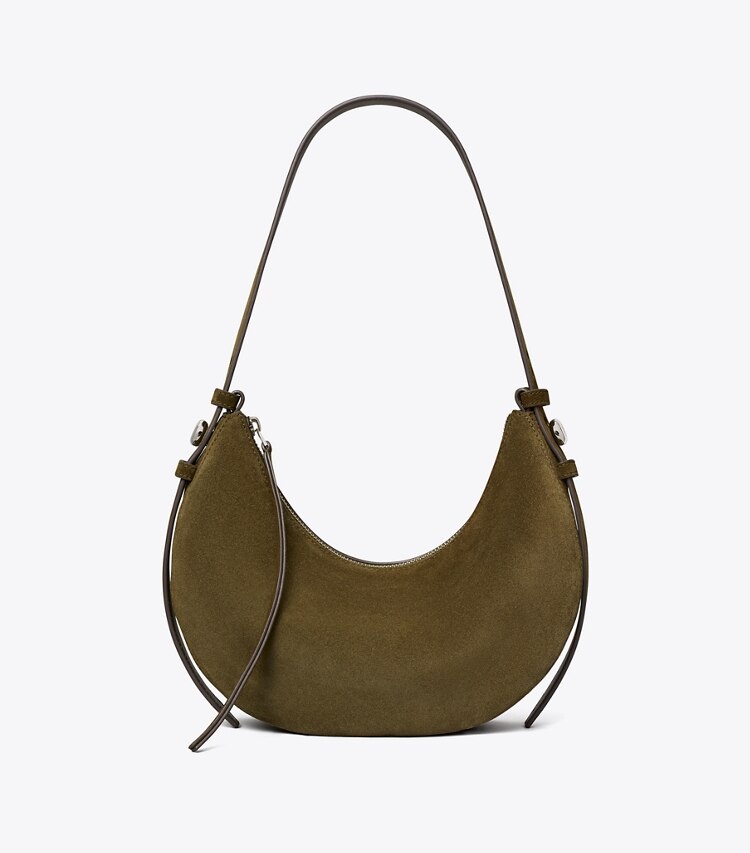 Tory Burch diseñador bolsos de hombro Bolso en media luna de gamuza Romy en Dark Olive frente