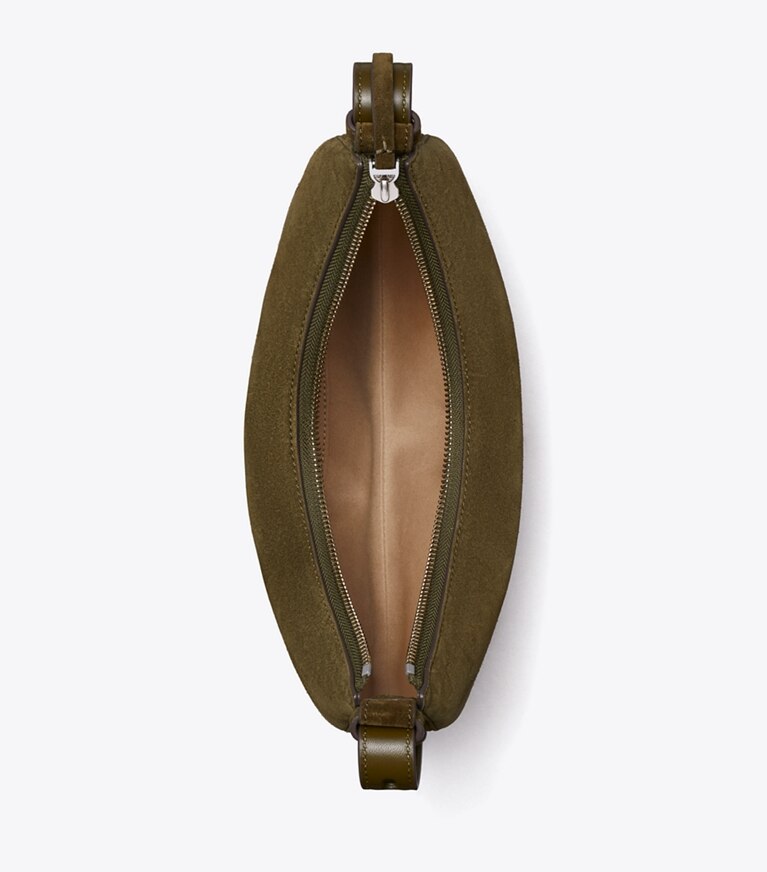 Tory Burch diseñador bolsos de hombro Bolso en media luna de gamuza Romy en Dark Olive vista superior