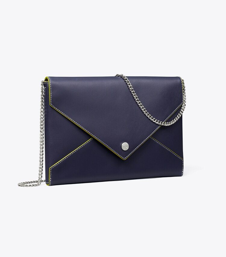 Tory Burch diseñador carteras de mano Bolso estilo sobre de cuero liso con cadena en Midnight ángulo