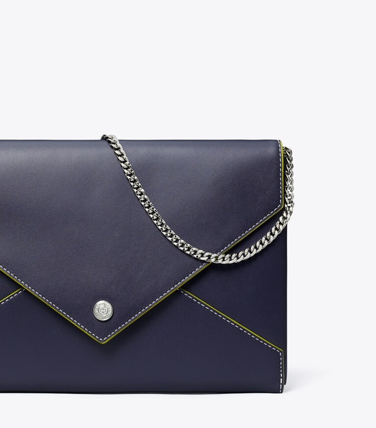 Tory Burch diseñador carteras de mano Bolso estilo sobre de cuero liso con cadena en Midnight detalle