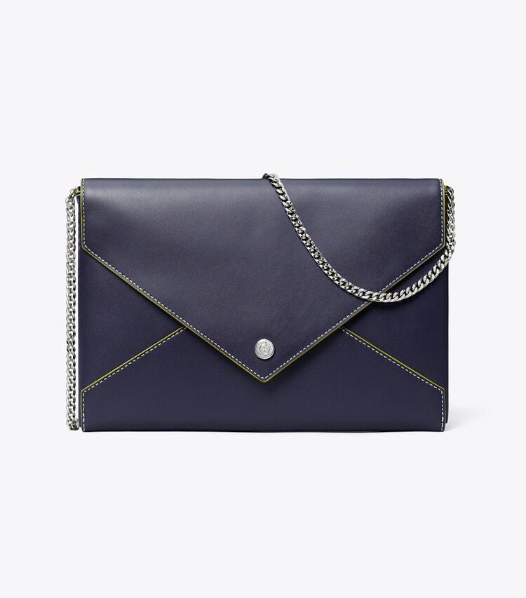 Tory Burch diseñador carteras de mano Bolso estilo sobre de cuero liso con cadena en Midnight frente