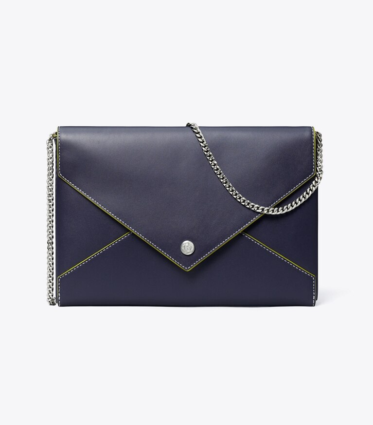 Tory Burch diseñador carteras de mano Bolso estilo sobre de cuero liso con cadena en Midnight frente