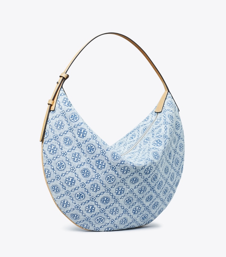 Tory Burch diseñador bolsos hobo Bolso globo de denim con monograma de T en Powder Blue ángulo