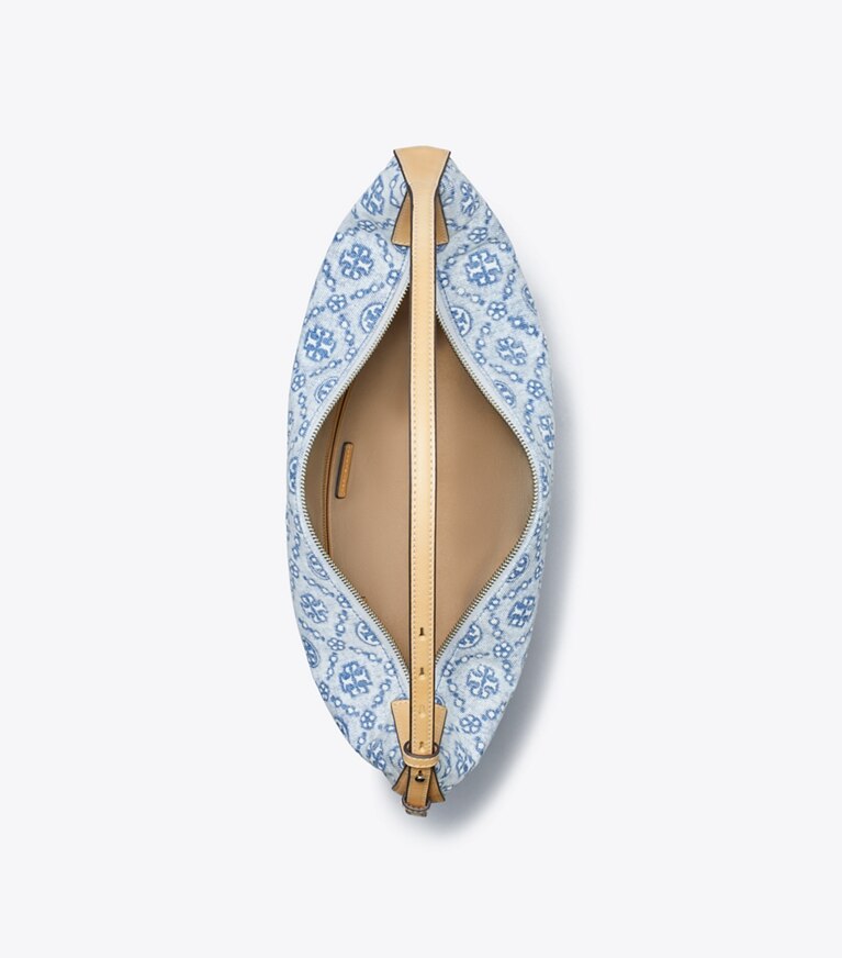 Tory Burch diseñador bolsos hobo Bolso globo de denim con monograma de T en Powder Blue desde arriba