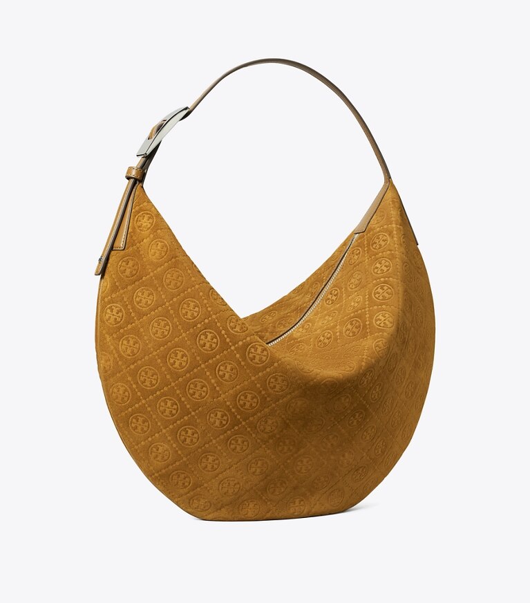 Tory Burch diseñador bolsos hobo Bolso globo de gamuza con monograma en T en CHICORY BROWN ángulo