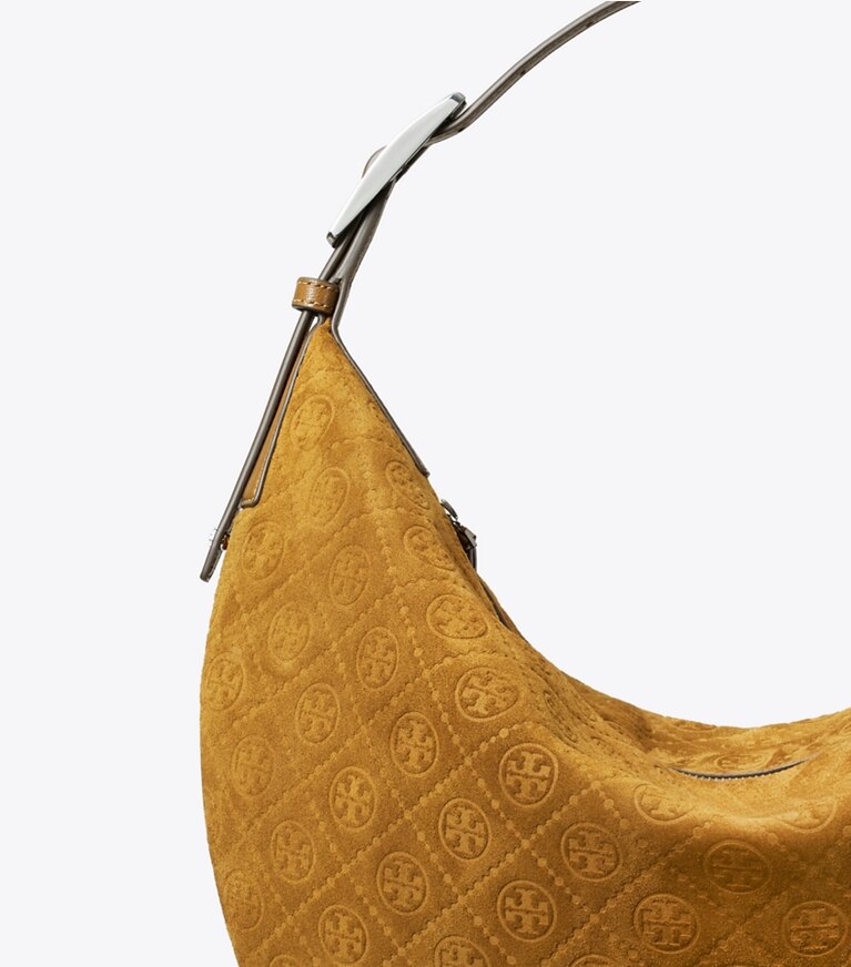 Tory Burch diseñador bolsos hobo Bolso globo de gamuza con monograma en T en CHICORY BROWN detalle