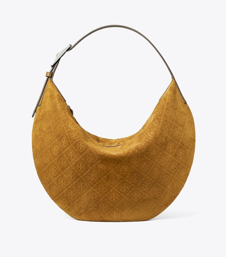 Tory Burch diseñador bolsos hobo Bolso globo de gamuza con monograma en T en CHICORY BROWN frente