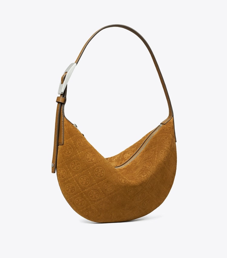 Tory Burch diseñador bolsos de hombro Bolso globo de gamuza pequeño con monograma en T en CHICORY BROWN ángulo