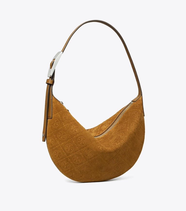 Tory Burch diseñador bolsos de hombro Bolso globo de gamuza pequeño con monograma en T en CHICORY BROWN ángulo