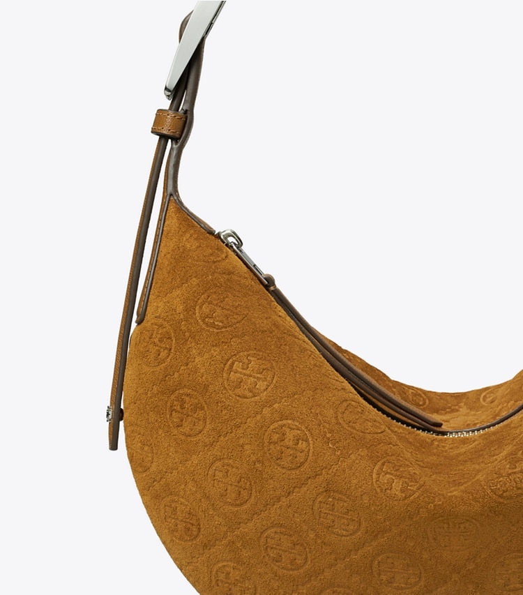 Tory Burch diseñador bolsos de hombro Bolso globo de gamuza pequeño con monograma en T en CHICORY BROWN detalle