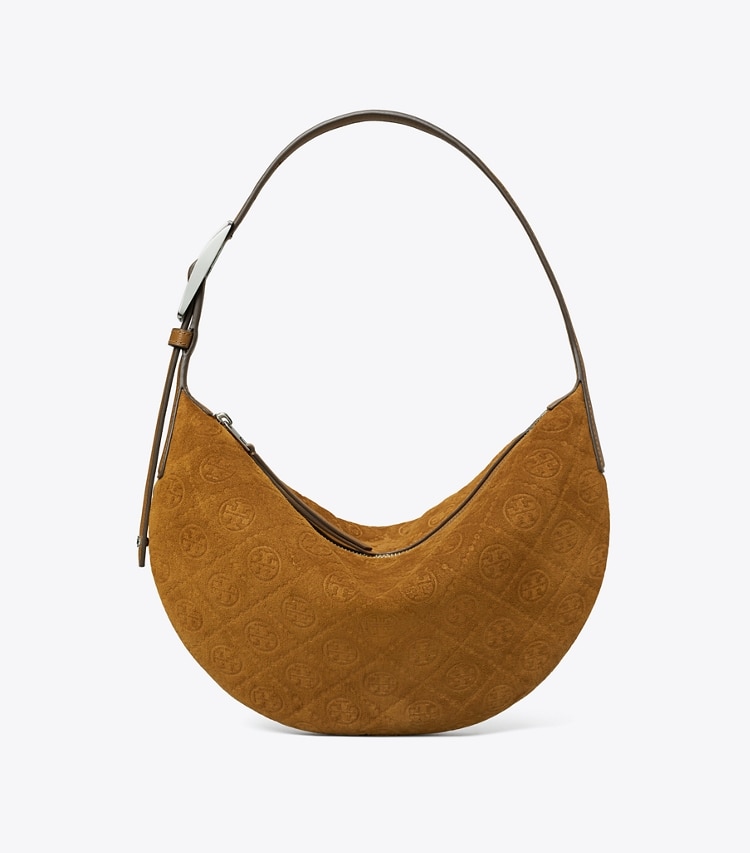 Tory Burch diseñador bolsos de hombro Bolso globo de gamuza pequeño con monograma en T en CHICORY BROWN frente