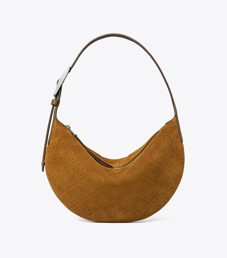 Tory Burch diseñador bolsos de hombro Bolso globo de gamuza pequeño con monograma en T en CHICORY BROWN frente
