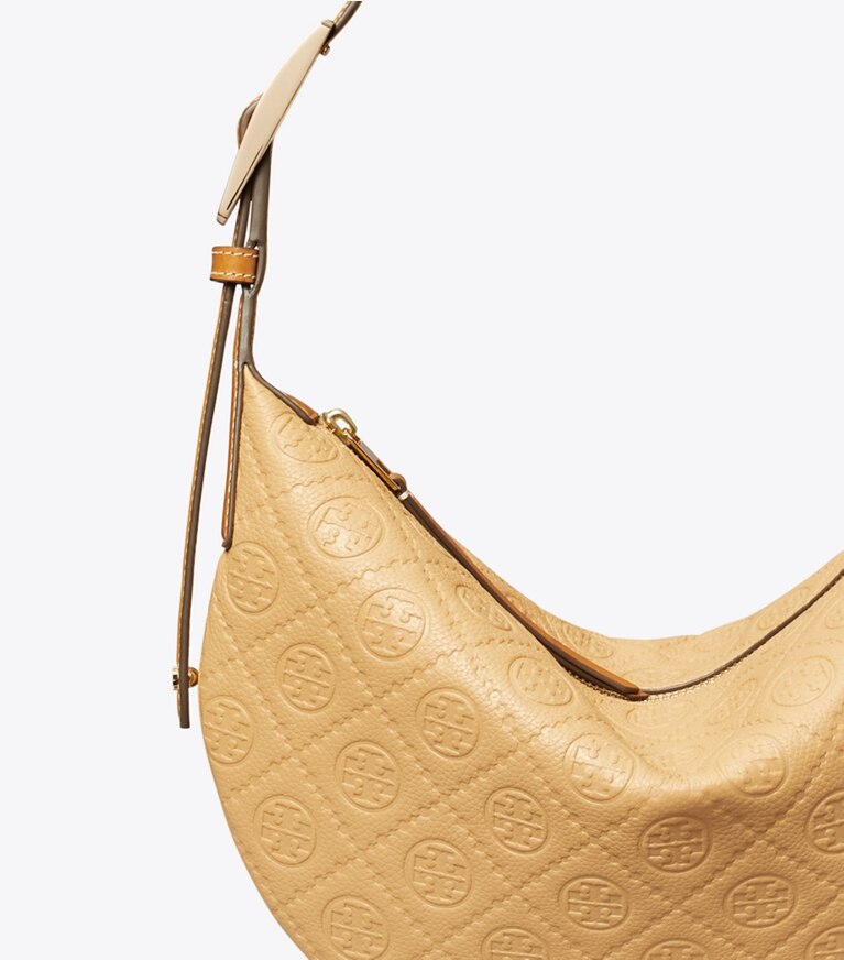 Tory Burch diseñador bolsos de hombro Bolso globo pequeño con monograma de T Pebbled en Biscotti detalle
