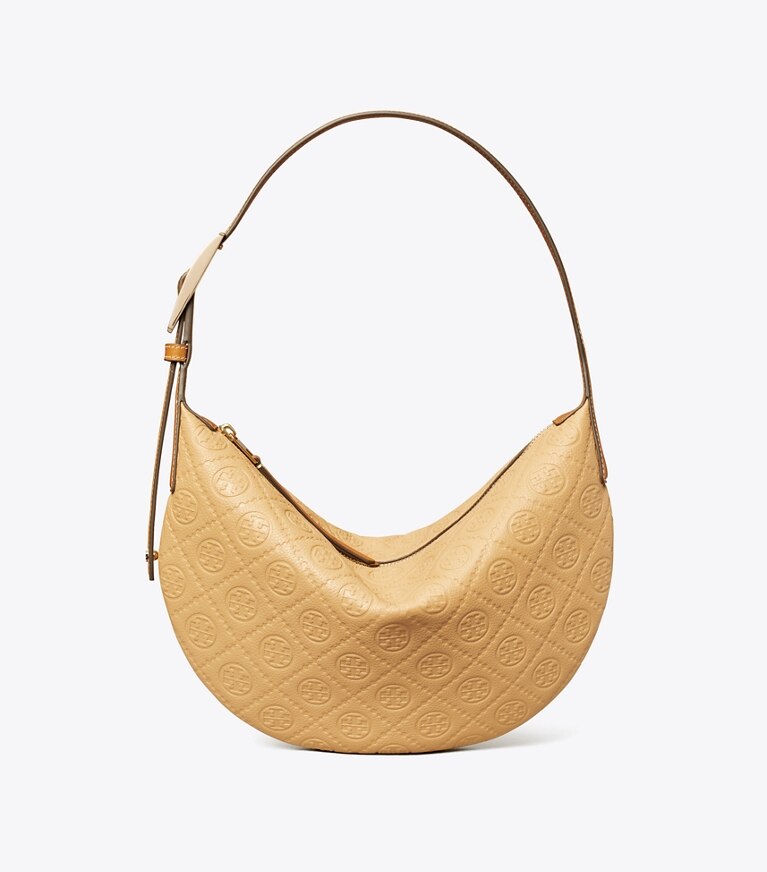 Tory Burch diseñador bolsos de hombro Bolso globo pequeño con monograma de T Pebbled en Biscotti frontal