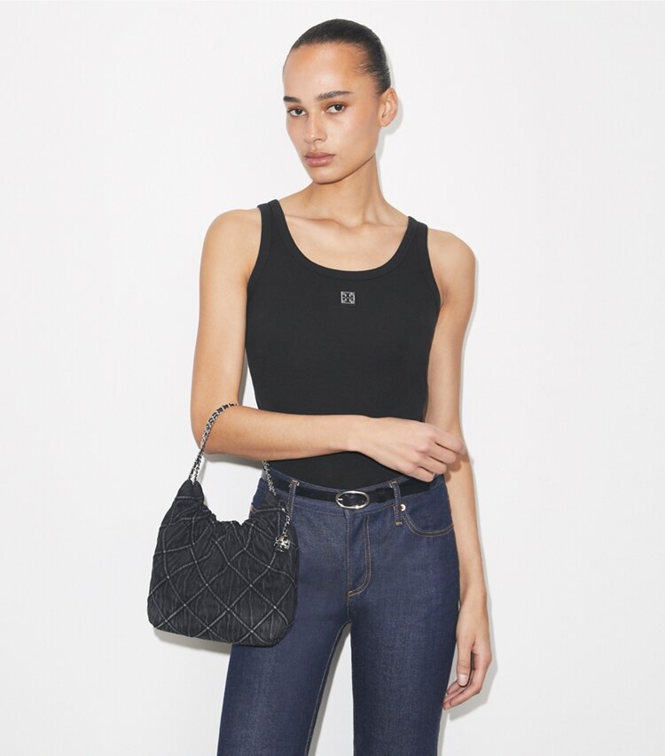 Tory Burch diseñador bolsos bandolera Bolso hobo de denim suave Mini Fleming en Black accesorio en modelo