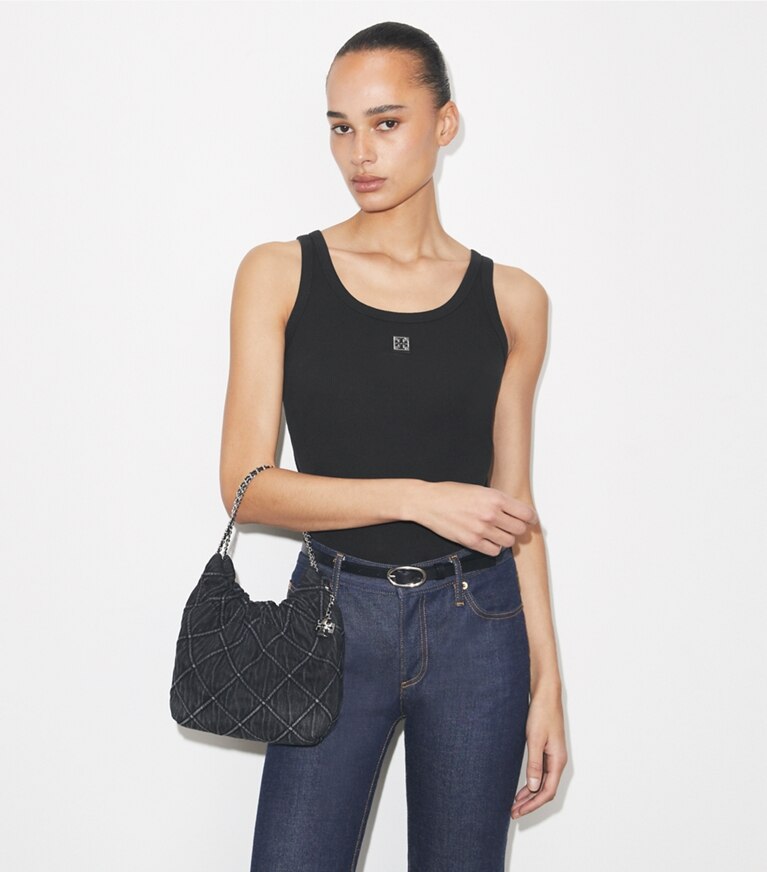 Tory Burch diseñador bolsos bandolera Bolso hobo de denim suave Mini Fleming en Black accesorio en modelo