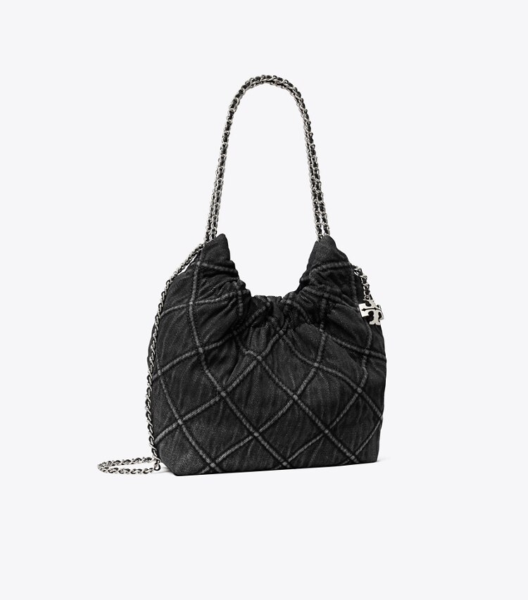 Tory Burch diseñador bolsos bandolera Bolso hobo de denim suave Mini Fleming en Black ángulo