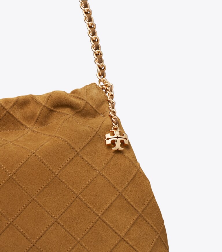 Tory Burch diseñador bolsos hobo Bolso hobo de gamuza suave Fleming en CHICORY BROWN detalle