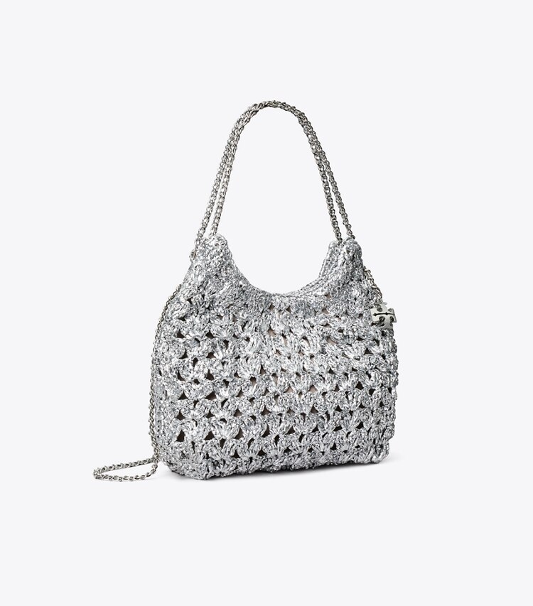 Tory Burch diseñador bolsos bandolera Bolso hobo tejido Mini Fleming en Silver ángulo