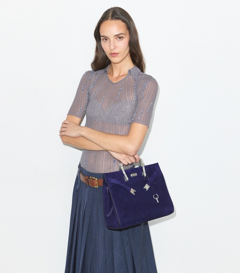 Tory Burch diseñador bolsos tote Bolso Lee Radziwill de gamuza suave en Navy accesorio en modelo