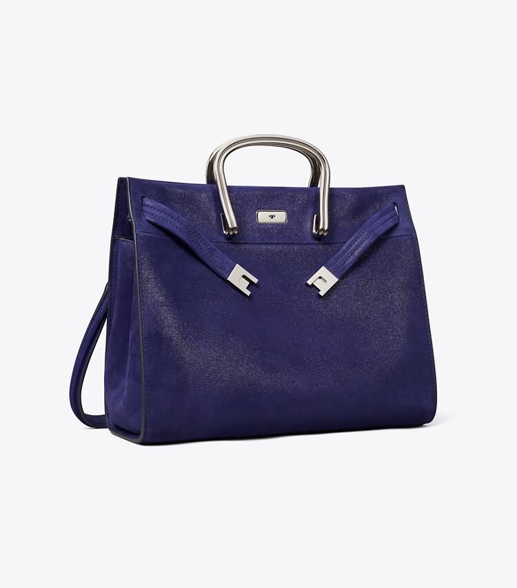 Tory Burch diseñador bolsos tote Bolso Lee Radziwill de gamuza suave en Navy ángulo