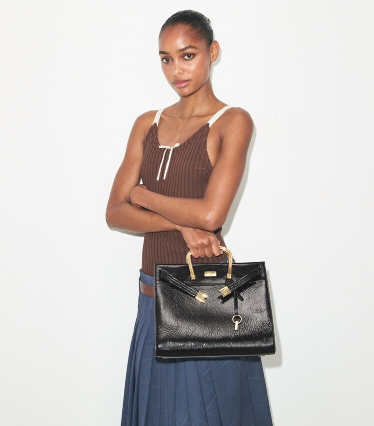 Tory Burch diseñador bolsos tote Bolso Lee Radziwill suave en Warm Cocoa accesorio en modelo
