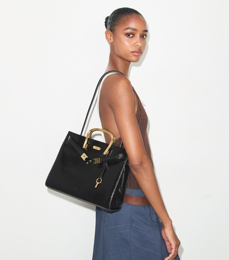 Tory Burch diseñador bolsos tote Bolso Lee Radziwill suave en Warm Cocoa adicional en modelo