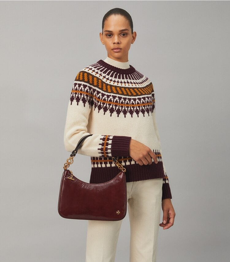 Tory Burch diseñador bolsos de hombro Bolso luna creciente 151 Mercer de charol en Port accesorio en modelo