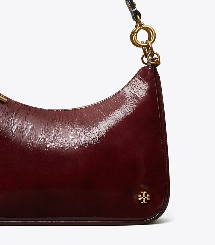 Tory Burch diseñador bolsos de hombro Bolso luna creciente 151 Mercer de charol en Port detalle