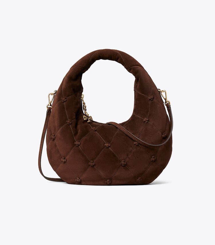 Tory Burch diseñador bolsos bandolera Bolso luna creciente de gamuza Bunny Knot en Dark Cocoa frente