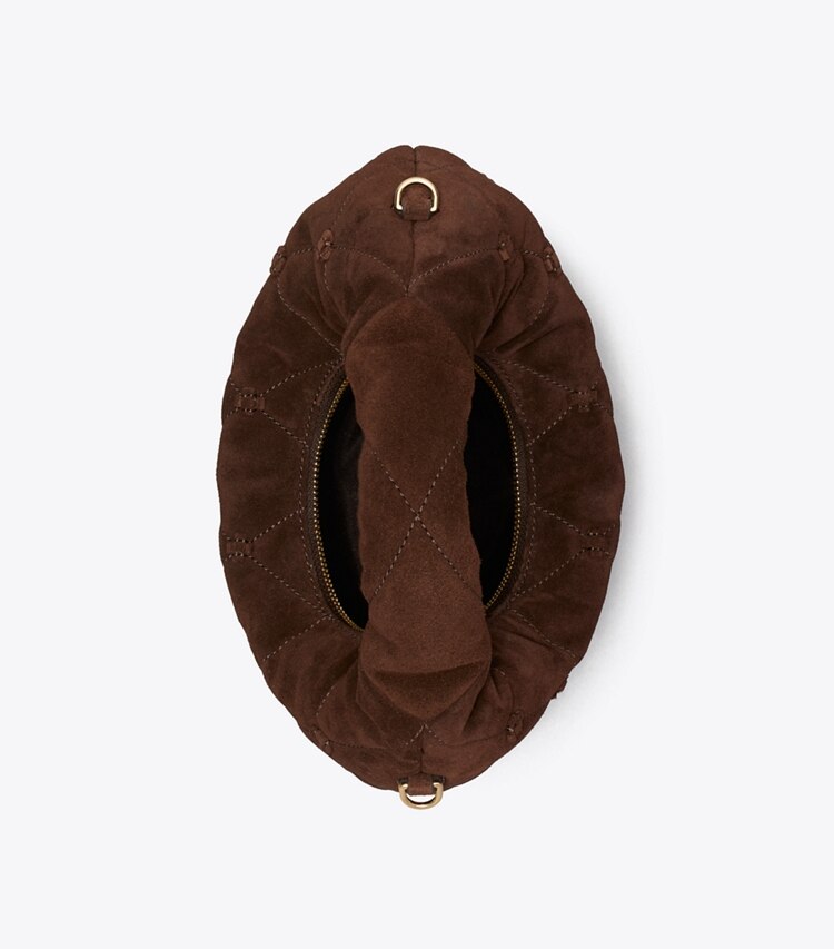 Tory Burch diseñador bolsos bandolera Bolso luna creciente de gamuza Bunny Knot en Dark Cocoa vista superior