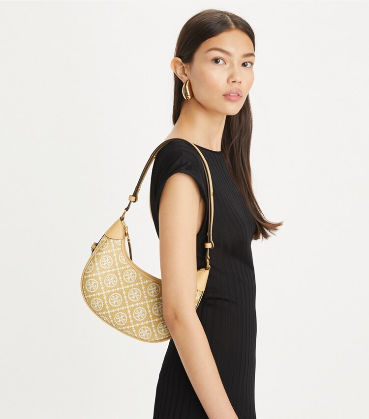 Tory Burch diseñador bolsos de hombro Bolso luna creciente de rafia T Monogram en Natural accesorio en modelo