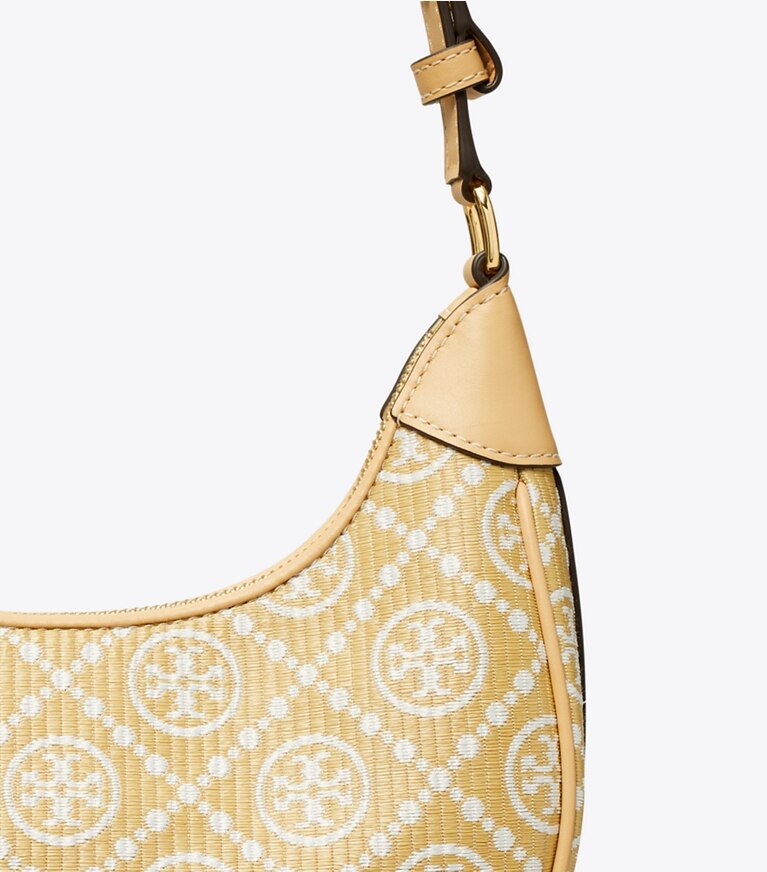 Tory Burch diseñador bolsos de hombro Bolso luna creciente de rafia T Monogram en Natural detalle