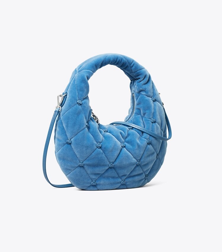 Tory Burch diseñador bolsos bandolera Bolso luna creciente de terciopelo Bunny Knot en Steel Blue ángulo