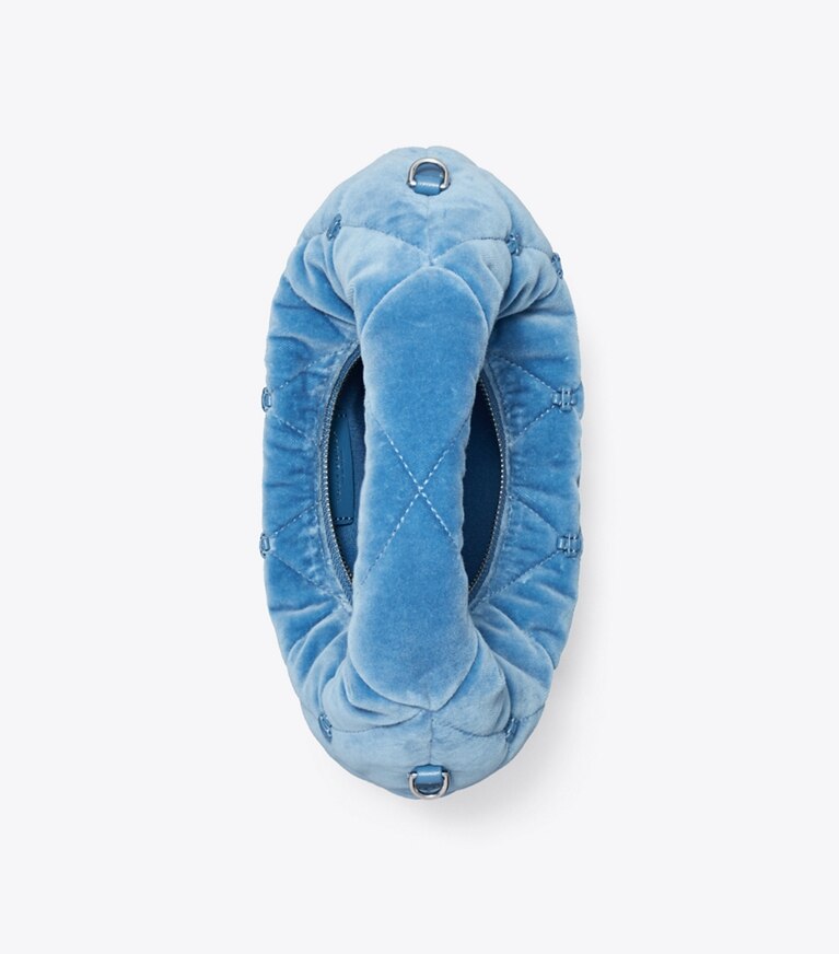 Tory Burch diseñador bolsos bandolera Bolso luna creciente de terciopelo Bunny Knot en Steel Blue vista superior