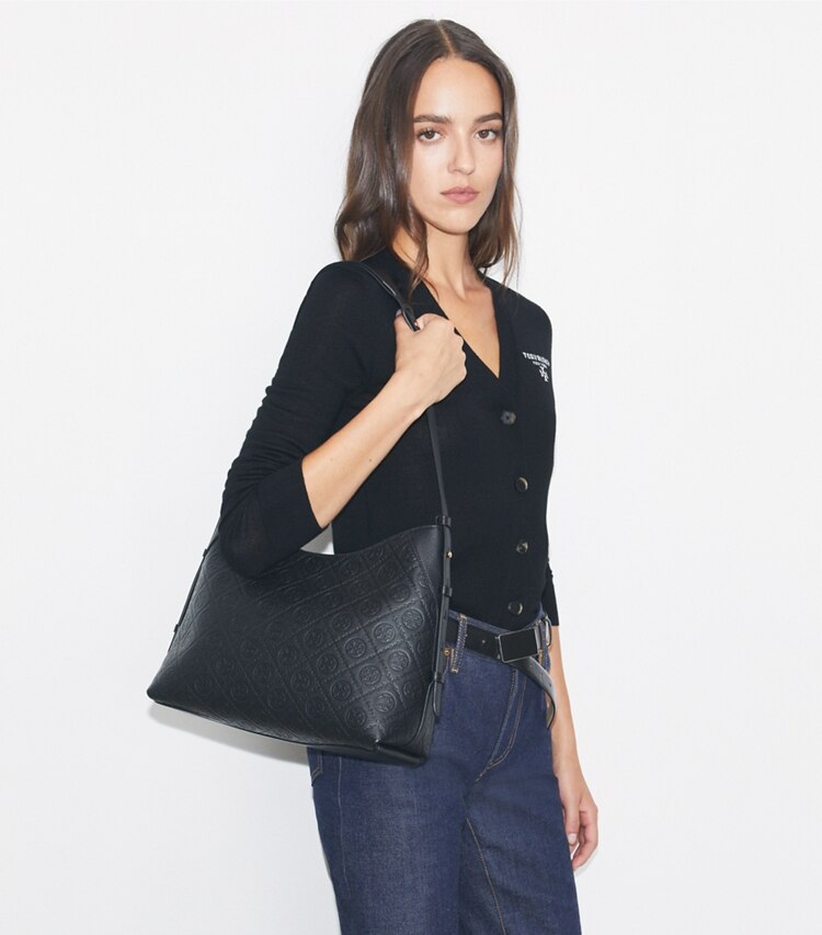 Tory Burch diseñador bolsos de hombro Bolso messenger con monograma de T de piel granulada en Black accesorio en el modelo