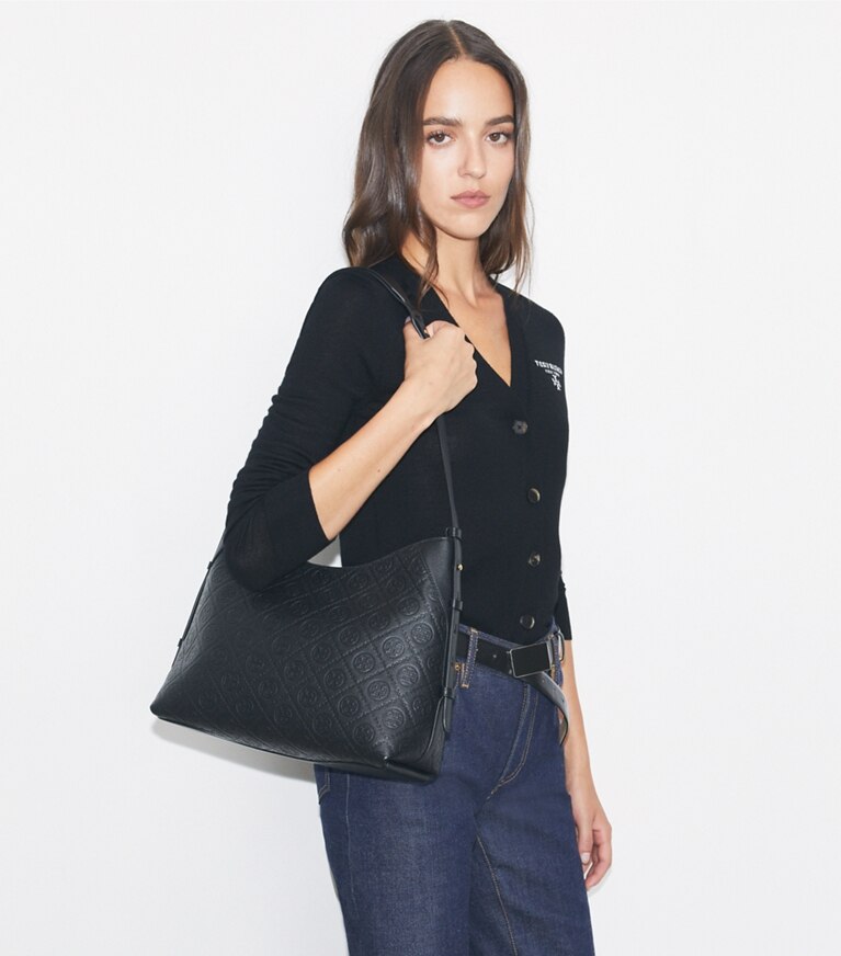 Tory Burch diseñador bolsos de hombro Bolso messenger con monograma de T de piel granulada en Black accesorio en el modelo