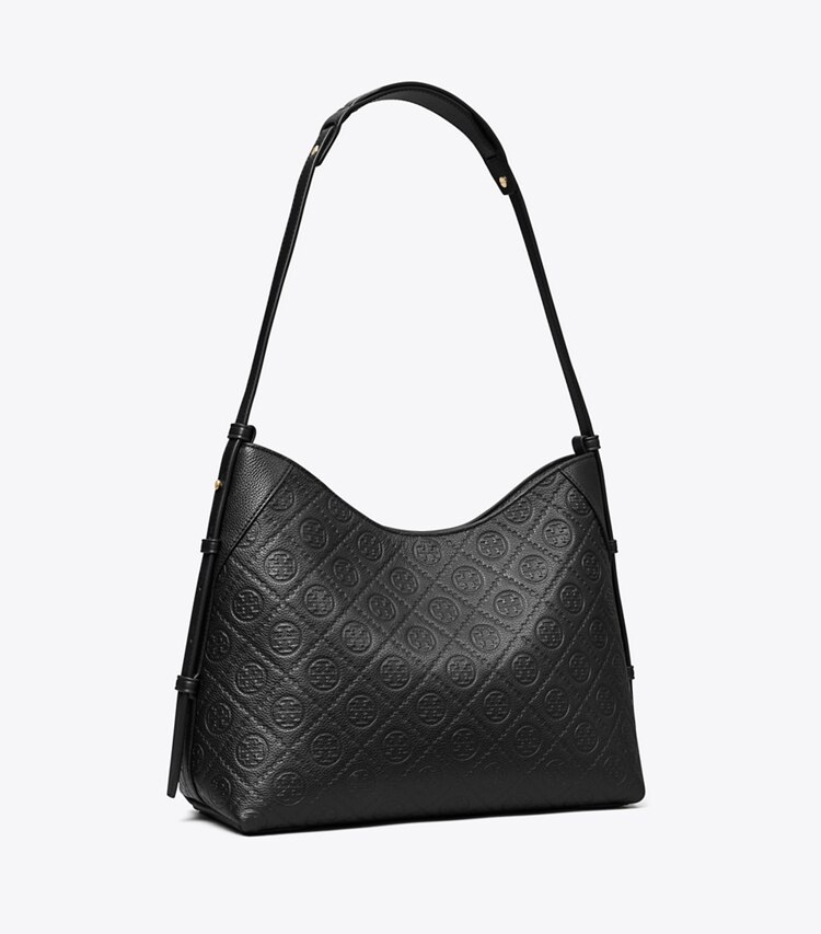 Tory Burch diseñador bolsos de hombro Bolso messenger con monograma de T de piel granulada en Black ángulo