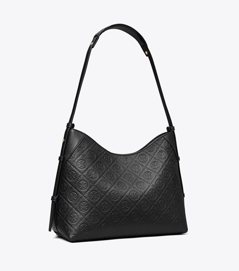 Tory Burch diseñador bolsos de hombro Bolso messenger con monograma de T de piel granulada en Black ángulo