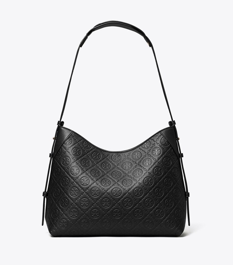 Tory Burch diseñador bolsos de hombro Bolso messenger con monograma de T de piel granulada en Black frontal