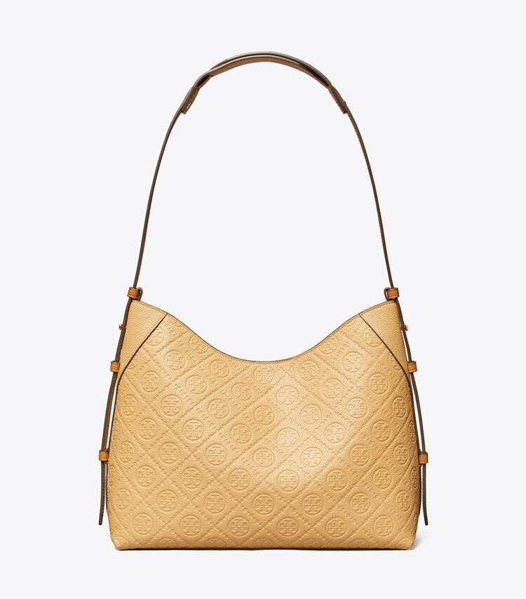 Tory Burch diseñador bolsos de hombro Bolso messenger con monograma de T Pebble en Biscotti frontal