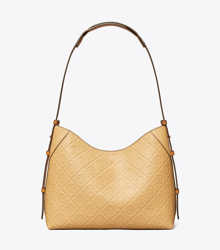 Tory Burch diseñador bolsos de hombro Bolso messenger con monograma de T Pebble en Biscotti frontal