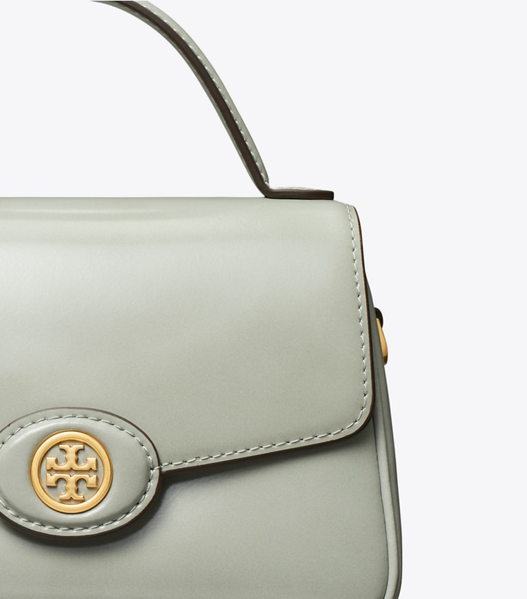 Tory Burch diseñador bolsos bandolera Bolso pequeño con asa superior Robinson Spazzolato en Light Granite detalle