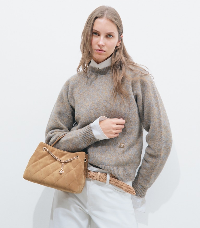 Tory Burch diseñador bolsos bandolera Bolso pequeño Fleming de gamuza en Toffee adicional en modelo