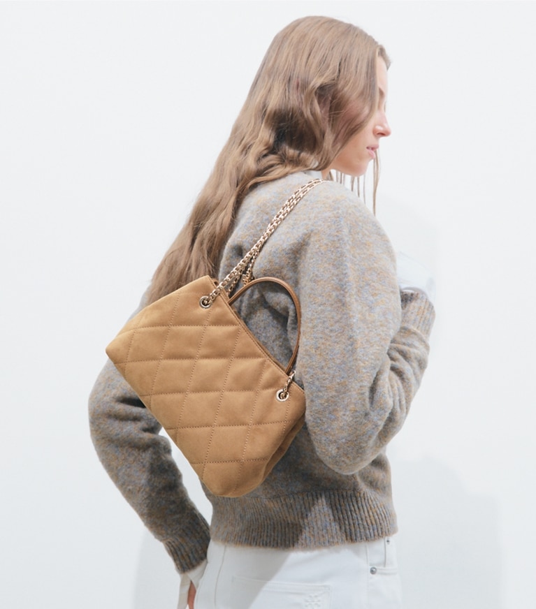 Tory Burch diseñador bolsos bandolera Bolso pequeño Fleming de gamuza en Toffee adicional en modelo
