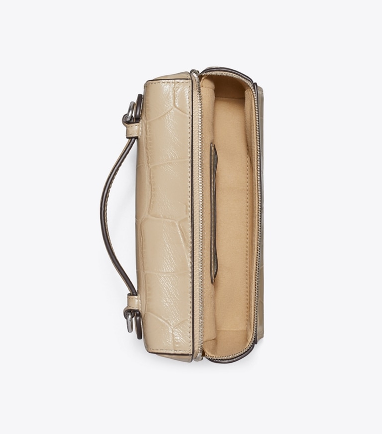 Tory Burch diseñador bolsos bandolera Bolso Romy Slim con asa superior con grabado efecto cocodrilo en Light Hickory desde arriba