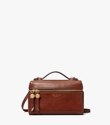 Tory Burch diseñador bolsos bandolera Bolso Romy Slim con asa superior con grabado efecto serpiente en Sweet Maple frontal