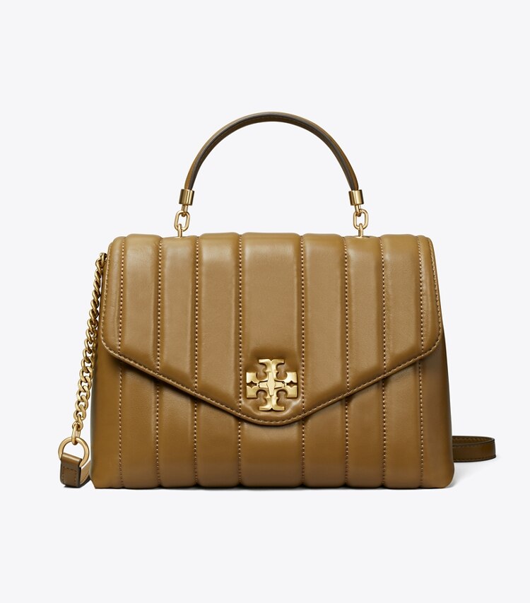 Tory Burch diseñador bolsos satchel Bolso satchel acolchado Kira en TOASTED SESAME / Rolled Gold frente